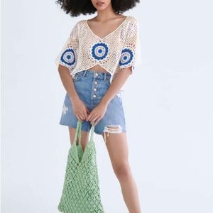 NWT ZARA RIPPED DENIM SHORTS MID-BLUE